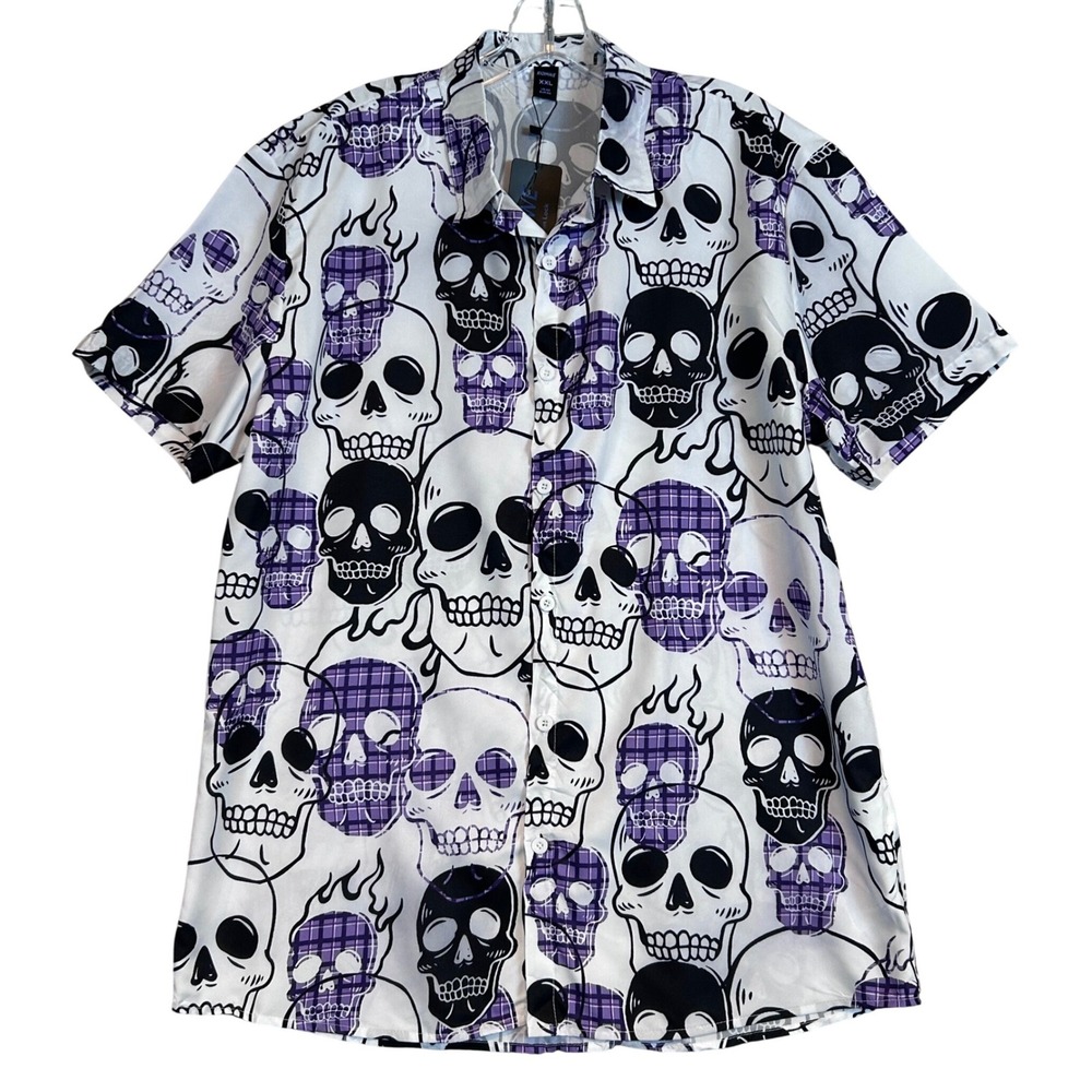 NWT Romwe Mens XXL Purple Plaid Skull Flame Graphic Short Sleeve Button Up Shirt
